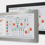 Monitores industriales de montaje universal con pantalla panorámica y pantallas táctiles resistentes según IP65/IP66 de 23”, vista frontal