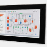 Monitores industriales de montaje en panel con pantalla panorámica de 19,5” y pantallas táctiles resistentes según IP65/IP66, vistas frontal y lateral