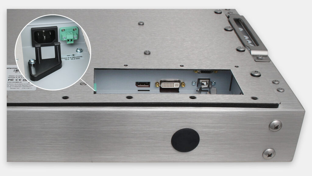 Monitores industriales de montaje universal y pantallas táctiles resistentes según IP65/IP66 de 17”, vista de salida para cables